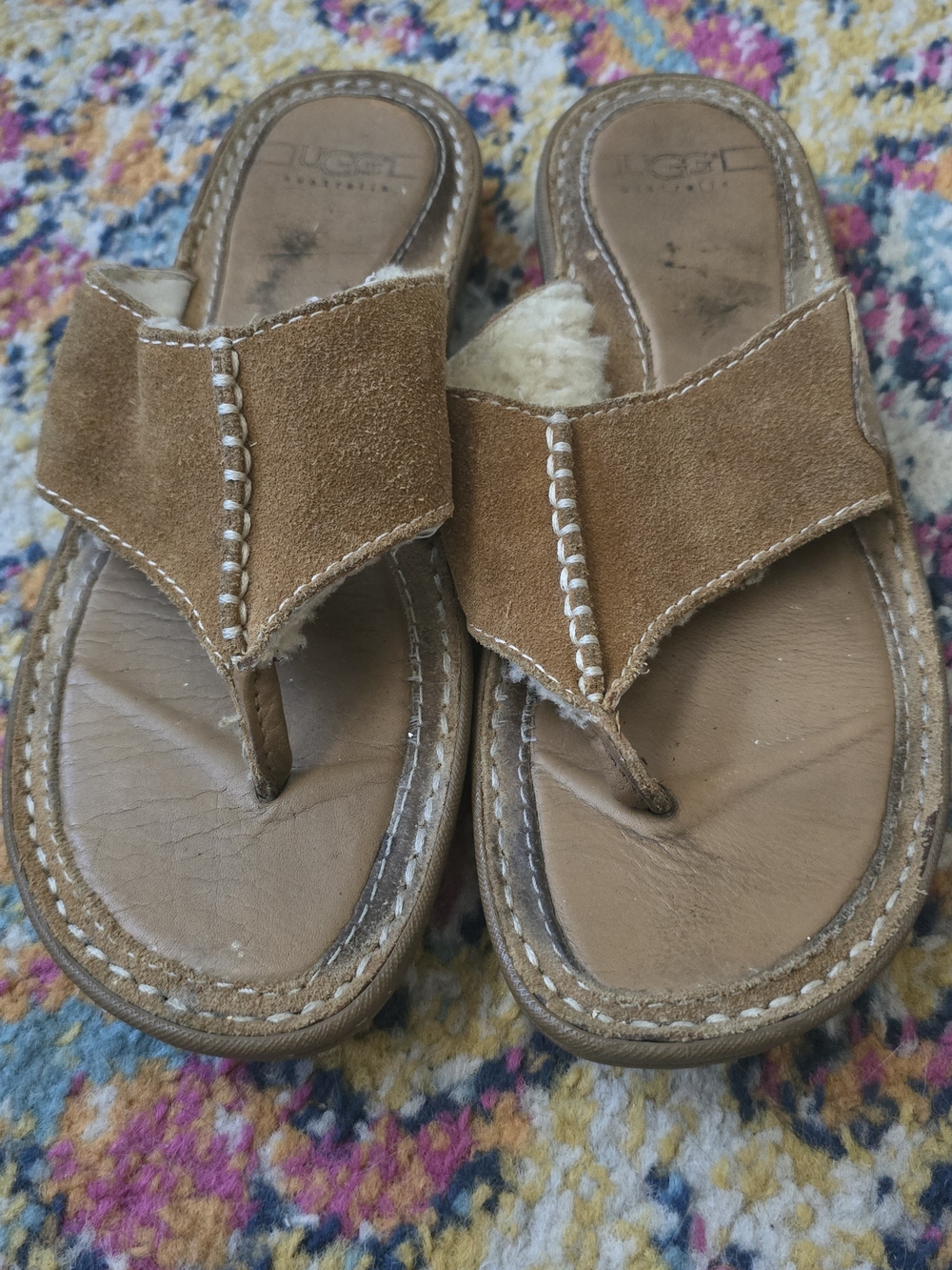 UGG Tan Suede Shearling Thong Sandals